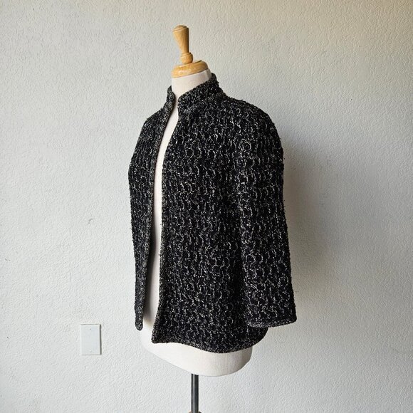 Vintage 70s 80s Black Acrylic KNit Open Front Cardigan Lurex Golden Silver M/L - Picture 3 of 7
